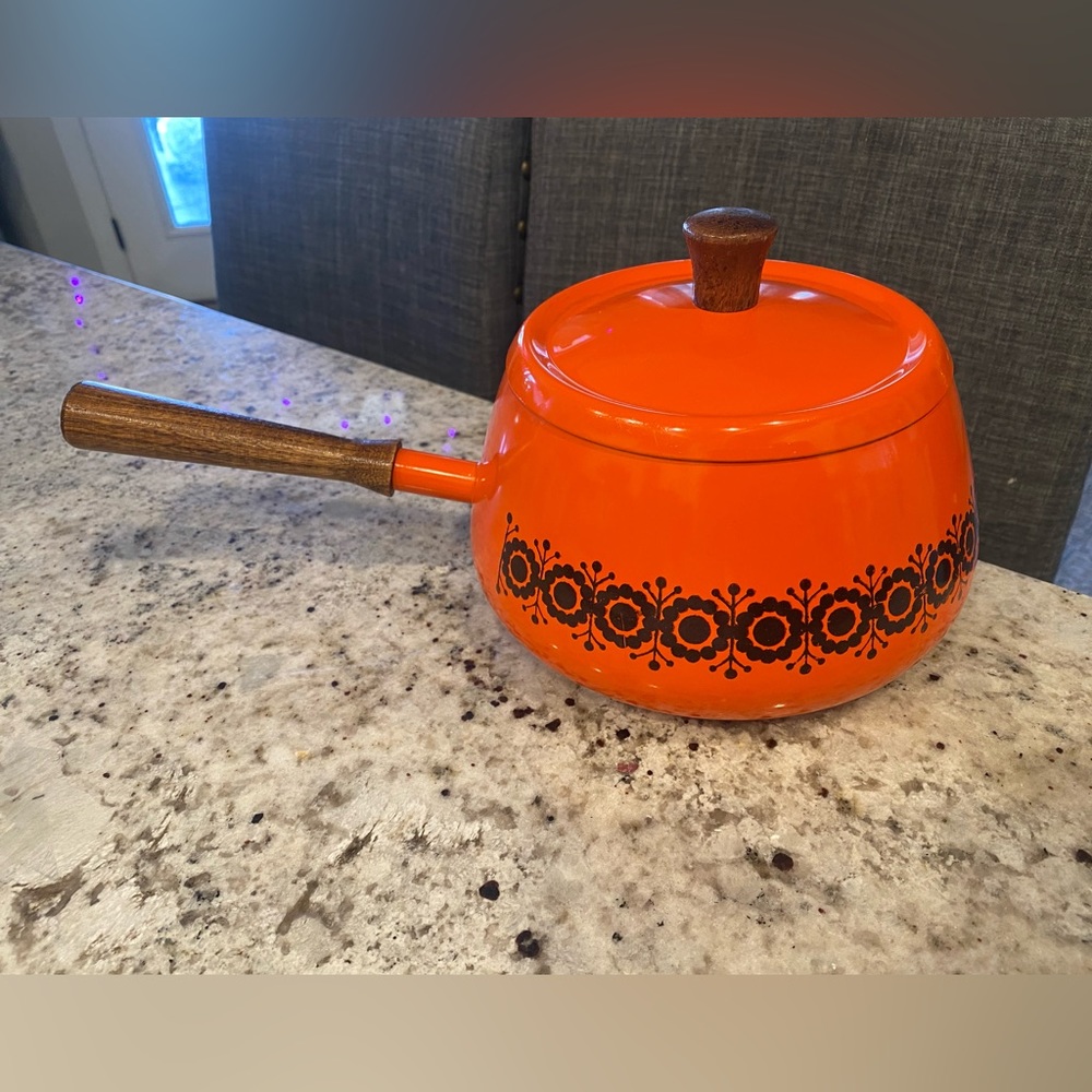 Retro 1970’s Vintage Orange Fondue Pot with Brown Floral Pattern & Wooden Handle